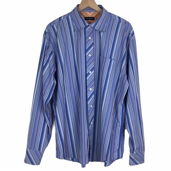 TED BAKER LONDON Button Up Dress Shirt Blue Stripe Classic Neck 17.5 Size 36/37 - Picture 1 of 11